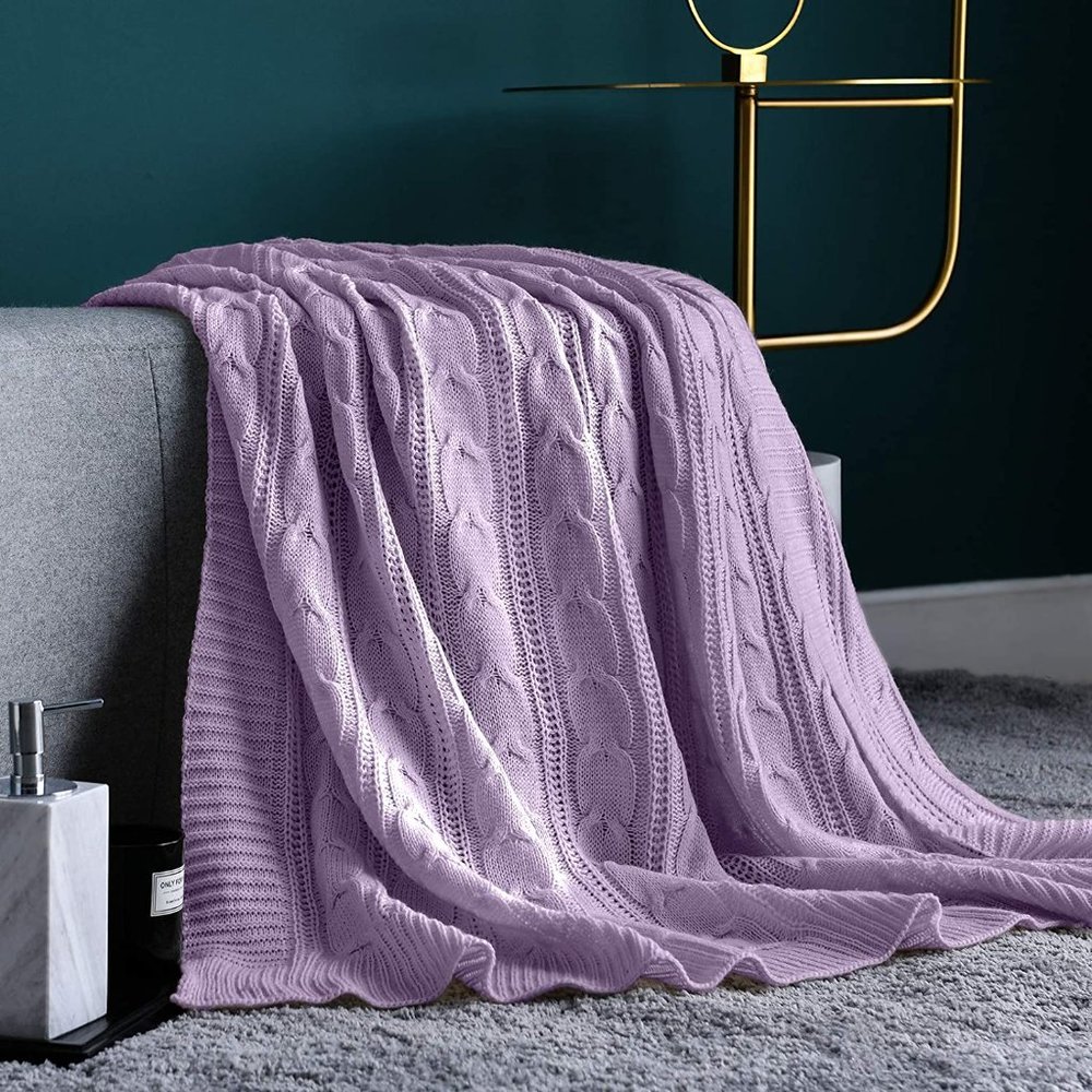LIlac Purple Cozy Knit Cable Knit Weave Pattern Decorative Bed Accent Blanket - Picture 9 of 9